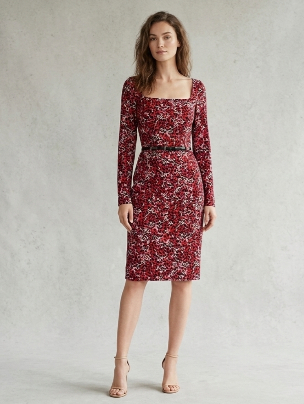 Black Halo Leopard Print Long Sleeve Belted Sheath Dress in Black & Pink